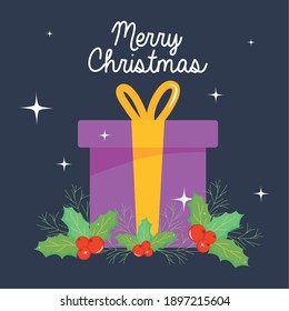 Merry christmas design with gift box and mistletoes over dark background, colorful design, vector illustration