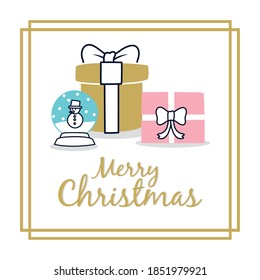 merry christmas design with gift boxes and snowglobe over white background, half line half color style, vector illustration