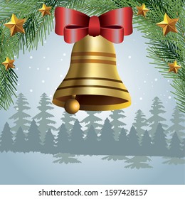 merry christmas design with golden bell and ornaments over snowy background, colorful design, vector illustration
