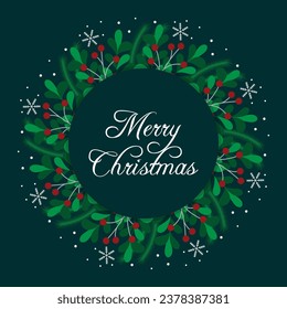 Merry Christmas. Design for greeting card, banner, invitation, postcard with berries, snowflakes, fir branches. Vector illustration