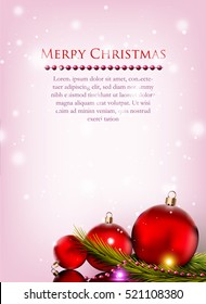 Merry Christmas design greeting card with realistic Christmas balls, twigs, lights, corals ornaments and snow bright background - vector illustration eps 10 format