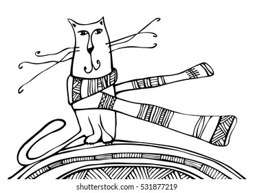 Merry Christmas design greeting card with a cat. Hand drawn line vector illustrations of a cat in a scarf. Winter holiday concept. Cute black and white character. Coloring book page for kids.