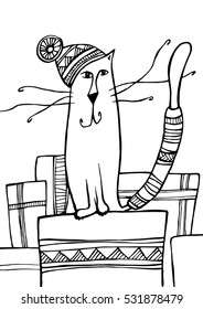 Merry Christmas design greeting card with a cat. Hand drawn line vector illustrations of a cat in a hat with a gift. Winter holiday concept. Black and white character. Coloring book page for kids.