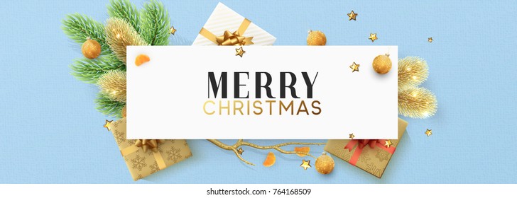 Merry Christmas design greeting card. Xmas festive background. Holiday decorations elements in vector illustration 