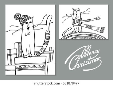 Merry Christmas design greeting cards with cats. Hand drawn line vector illustrations of a cat in a hat sitting on the gift and a cat in a scarf. Winter holiday concept. Coloring book pages for kids.