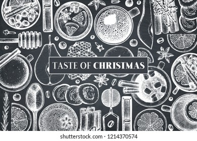 Merry Christmas design. Hot drinks bar menu. Hand drawn tea, mulled wine, coffee, hot chocolate ingredients.  Vector beverage and food illustration. Vintage winter template on chalkboard. Top view.