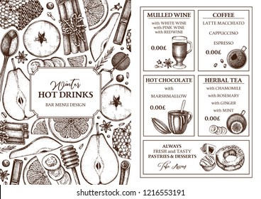 Merry Christmas design. Hot drinks bar menu. Hand drawn tea, mulled wine, coffee, hot chocolate ingredients.  Vector beverage and food illustration. Vintage winter template on chalkboard. Top view.