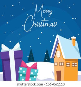 Merry christmas design with house and gifts boxes over winter night background, colorful design , vector illustration