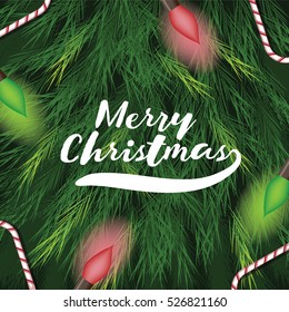 Merry Christmas design on a fir tree background with candy canes and lights. EPS 10 vector.