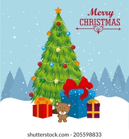 Merry christmas design over landscape background, vector illustration