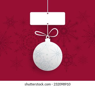 Merry Christmas design- paper Christmas ball with space for text.Christmas Greeting Card.Red decorative snowflakes background.vector illustration