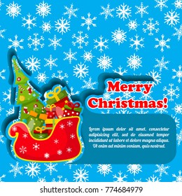 Merry christmas design postcard with beautiful big eve decorated by the different toys in the red sledges, text with celebration on the blue background with many snowflakes vector illustration