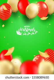 Merry Christmas. Design with red, gold balloons party on green background .Vector. illustration.