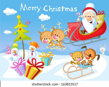 Merry Christmas design with Santa Claus Sleigh, Christmas Tree, Snowman and Cute Animal
