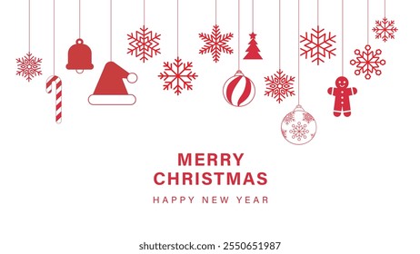 Merry Christmas design with snowballs, snowflakes, ginger cookies, bell and hat vector illustration