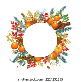 Merry Christmas, design template with circle frame for text vector illustration. Gold snowflake, berry and pine branches, citrus fruit and spices for mulled wine, Christmas market decor elements