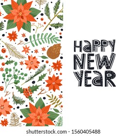 Merry Christmas design template with copy space. Set with flower poinsettia, tree branch, holly leaves, berry, eucalyptus etc.  Vector.