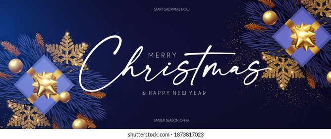 Merry Christmas design template with fir tree branch garland, glossy golden balls, elegant gold snowflakes and lettering.