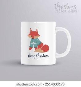 Merry Christmas design template with hand-drawn vector fox. Christmas concept with mug mockup