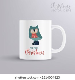 Merry Christmas design template with hand-drawn vector owl in a sweater. Christmas concept with mug mockup