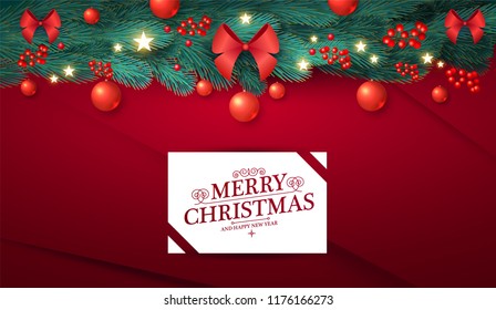 Merry Christmas Design Template with Realistic Fir Tree Branches, Red Bows, Glossy Balls, Shining Stars and Red Berries. Vector illustration