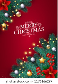 Merry Christmas Design Template with Realistic Fir Tree Branches, Cones, Glossy Toys and Poinsettia. Vector illustration