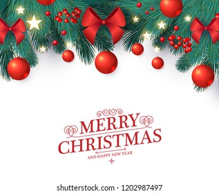 Merry Christmas Design Template with Realistic Fir Tree Branches, Red Bows, Glossy Balls, Shining Stars and Red Berries. Vector illustration