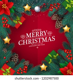 Merry Christmas Design Template with Realistic Fir Tree Branches, Cones, Glossy Toys, Girt Boxes and Poinsettia. Vector illustration