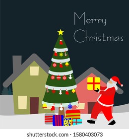 Merry Christmas design template. Santa bring gift. Christmas tree and decoration. snow, shock, star, house, pine. design template for banner, brochure, social media post, background, card. 