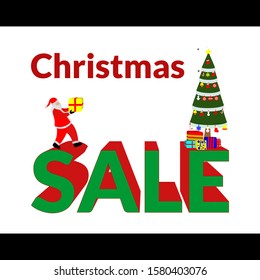 Merry Christmas design template. Santa bring gift. Christmas tree and decoration. snow, shock, star, house, pine. design template for banner, brochure, social media post, background, card. 