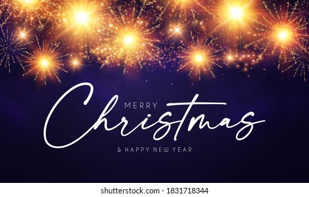 Merry Christmas design template with shining fireworks.