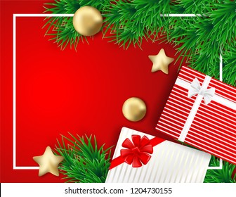 Merry Christmas. Design with christmas tree , balls, star ,gift box , on red background .Vector , illustration.
