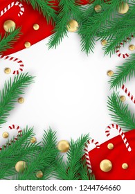 Merry Christmas. Design with christmas tree , balls and candy canes on white background .Vector , illustration.