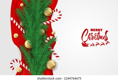 Merry Christmas. Design with christmas tree , balls and candy canes on white background .Vector , illustration.