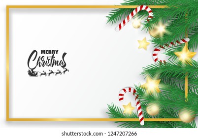 Merry Christmas. Design with christmas tree , balls ,candy canes and gold stars glowing lights.on white background .Vector , illustration.
