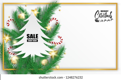 Merry Christmas. Design with christmas tree , balls ,candy canes and gold stars glowing lights.on white background .Vector , illustration.
