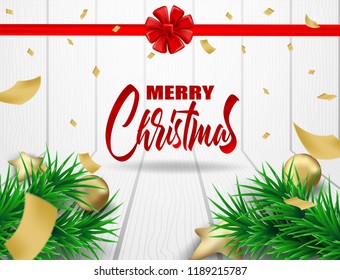 Merry Christmas. Design with christmas tree , bells, gift balls , on  white wood background .Vector illustration.