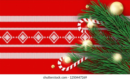 Merry Christmas. Design with christmas tree and candy canes on sweaters christmas background .Vector, illustration.