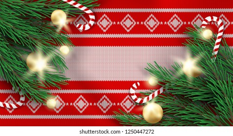 Merry Christmas. Design with christmas tree and candy canes on sweaters christmas background .Vector, illustration.