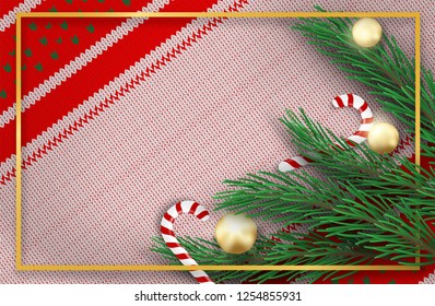 Merry Christmas. Design with christmas tree and candy canes on sweaters christmas background .Vector, illustration.
