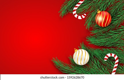 Merry Christmas. Design with christmas tree and candy canes on red background .Vector. illustration.