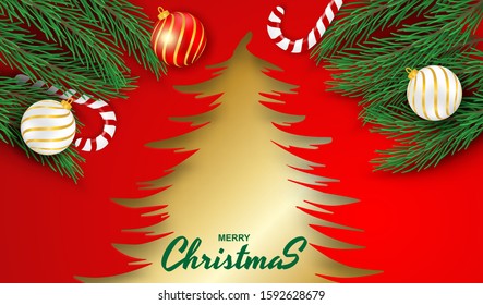 Merry Christmas. Design with christmas tree and candy canes on red background .Vector. illustration.