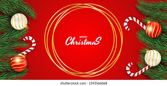 Merry Christmas. Design with christmas tree and candy canes on red background .Vector. illustration.