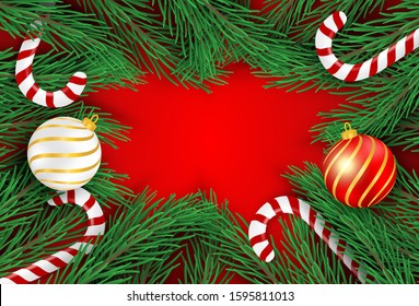 Merry Christmas. Design with christmas tree and candy canes on red background .Vector. illustration.