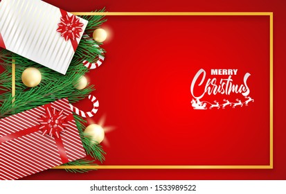 Merry Christmas. Design with christmas tree, gift box and candy canes on red background .Vector. illustration.