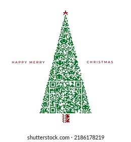 Merry Christmas design with Christmas tree made from scan QR code pattern. Vector illustration