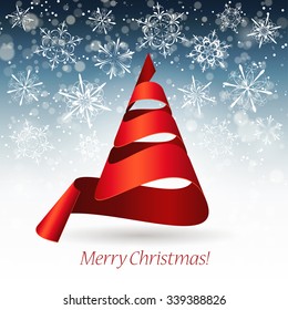 Merry Christmas design with christmas tree made of red ribbon, vector illustration