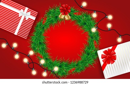 Merry Christmas. Design with christmas tree,gift box, on red background 