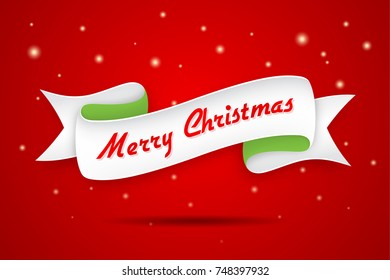 Merry Christmas design with trendy retro style ribbon and text. Vector typography, banner, greeting card, background.