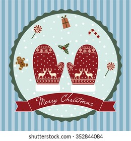 Merry christmas design within a circle with Christmas gloves, candies and snowflakes